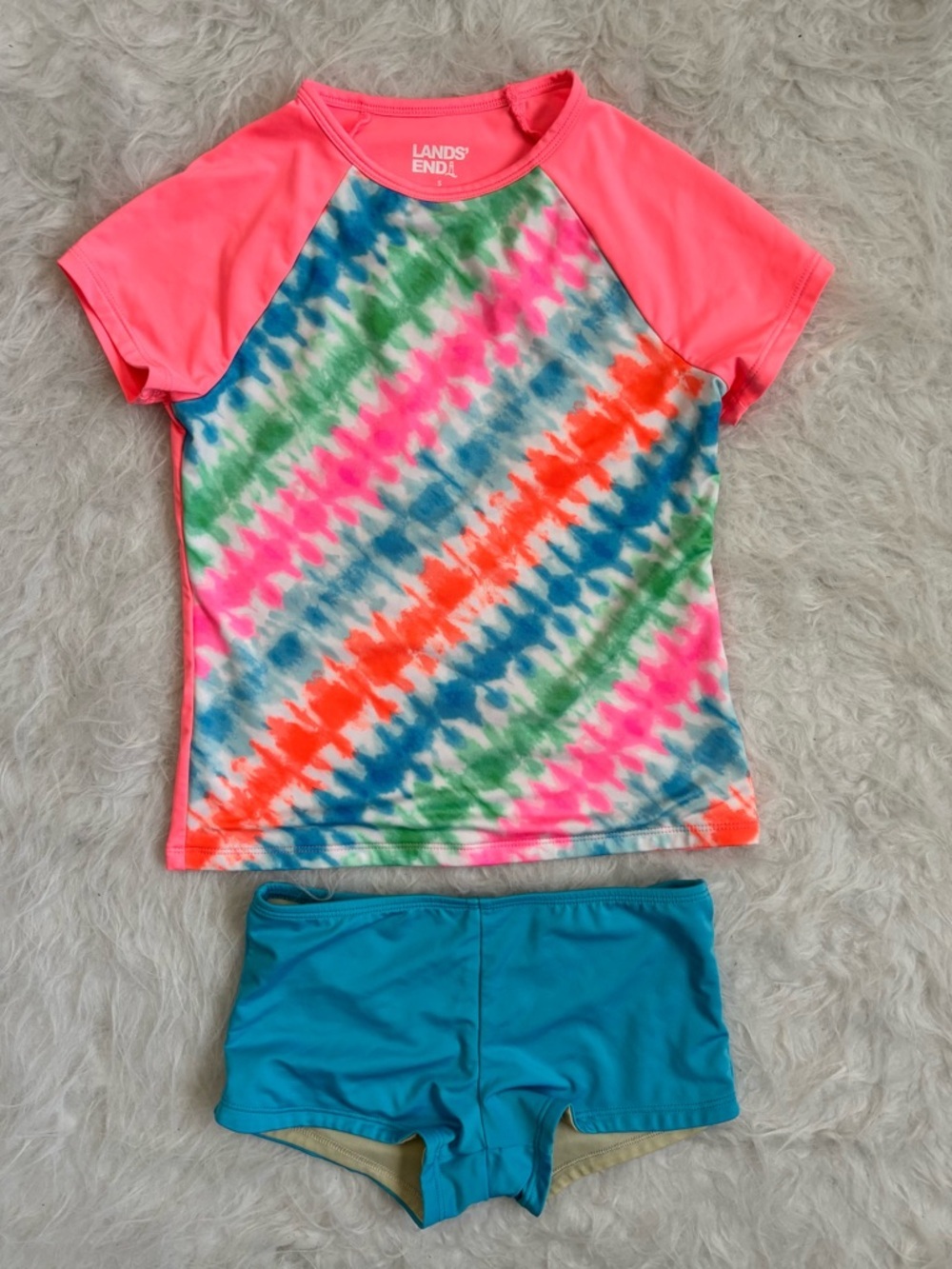 Lands' End Girls' Neon Tie-Dye Beach Rash Guard Swimsuit Set